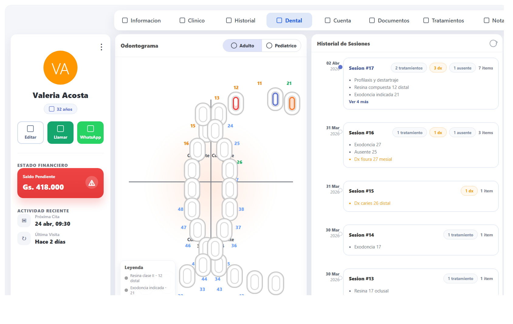 Ficha clínica de paciente con historial dental y tratamientos de ejemplo